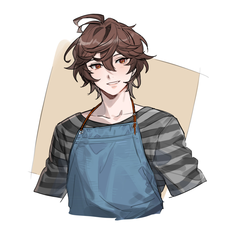 1boy ahoge apron brown_hair commentary commentary_request cropped_torso denim granblue_fantasy hair_between_eyes looking_to_the_side male_focus messy_hair red_eyes sandalphon_(granblue_fantasy) sandalphon_(server_of_a_sublime_brew)_(granblue_fantasy) shirt short_hair smile solo_focus striped_clothes striped_shirt tki upper_body vertical-striped_clothes vertical-striped_shirt