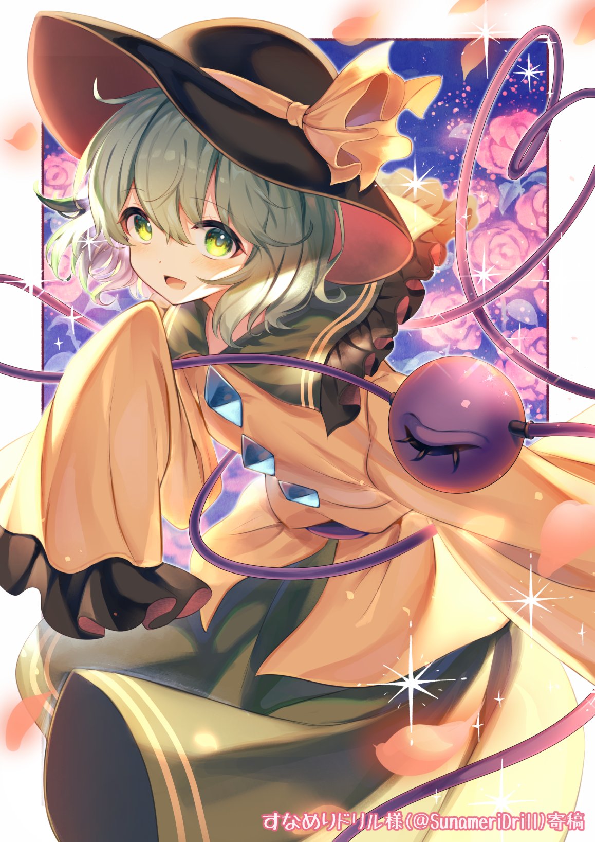 1girl :d black_hat blush border buttons commentary cowboy_shot diamond_button falling_petals flower frilled_shirt_collar frilled_sleeves frills green_eyes green_hair green_skirt hand_up hat hat_ribbon heart heart_of_string highres komeiji_koishi looking_at_viewer medium_hair open_mouth petals pink_flower pink_rose ribbon rose sekisei_(superego51) sidelighting simple_background skirt sleeves_past_fingers sleeves_past_wrists smile solo sparkle third_eye touhou white_border wide_sleeves yellow_ribbon