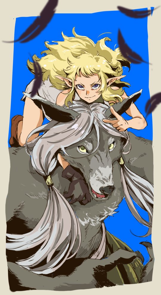 1boy 1girl 71 black_gloves blonde_hair blue_background border claws colored_sclera dungeon_meshi elf feathers fleki furry furry_male gloves green_eyes grey_border grey_fur lycion messy_hair notched_ear pointing pointy_ears riding single_glove smirk topless_male tunic v-shaped_eyebrows violet_eyes white_hair white_tunic wolf_boy yellow_sclera