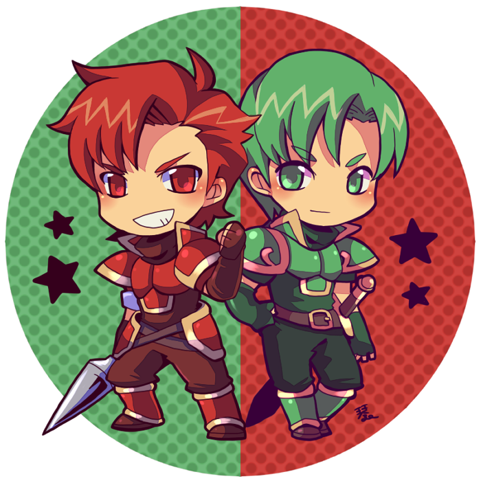 2boys abel_(fire_emblem) armor belt blush border brown_belt brown_gloves cain_(fire_emblem:_shadow_dragon) chibi chibi_only clenched_hand closed_mouth fingerless_gloves fire_emblem fire_emblem:_shadow_dragon_and_the_blade_of_light full_body gloves green_armor green_eyes green_gloves green_hair grin kotorai male_focus multiple_boys no_nose red_armor red_eyes redhead round_border round_image short_hair smile star_(symbol) white_border