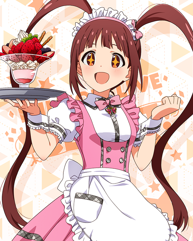 +_+ 1girl :d apron blush bow bowtie breasts brown_eyes butterfly_ornament dot_nose dress food frilled_apron frilled_skirt frills fruit hair_ribbon hands_up idolmaster idolmaster_million_live! idolmaster_million_live!_theater_days long_hair looking_at_object maid_headdress matsuda_arisa official_alternate_costume official_art open_mouth parfait pink_bow pink_bowtie pink_dress pretty_waitress_(idolmaster) puffy_short_sleeves puffy_sleeves redhead ribbon serving shirt short_sleeves sidelocks skirt small_breasts smile solo standing starry_background strawberry strawberry_parfait thigh-highs tray twintails upper_body very_long_hair waist_apron waitress white_apron white_shirt white_thighhighs wrist_cuffs