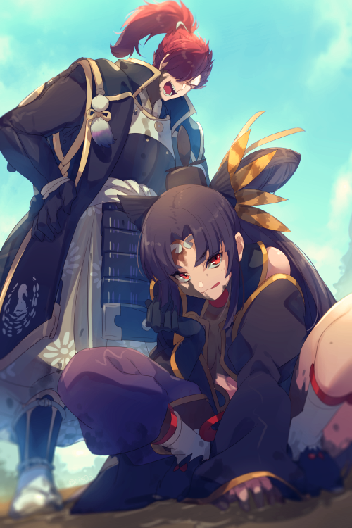 1boy 1girl armor black_armor black_hair blue_sky breast_curtains breasts closed_eyes detached_sleeves echo_(circa) fate/grand_order fate_(series) feather_hair_ornament feathers gold_trim hair_bun hair_ornament hat japanese_armor licking_lips long_hair long_sleeves looking_at_viewer medium_breasts mori_nagayoshi_(fate) open_mouth parted_bangs ponytail red_eyes redhead side_ponytail sidelocks single_side_bun sky smile squatting tongue tongue_out ushiwakamaru_(fate) very_long_hair wide_sleeves