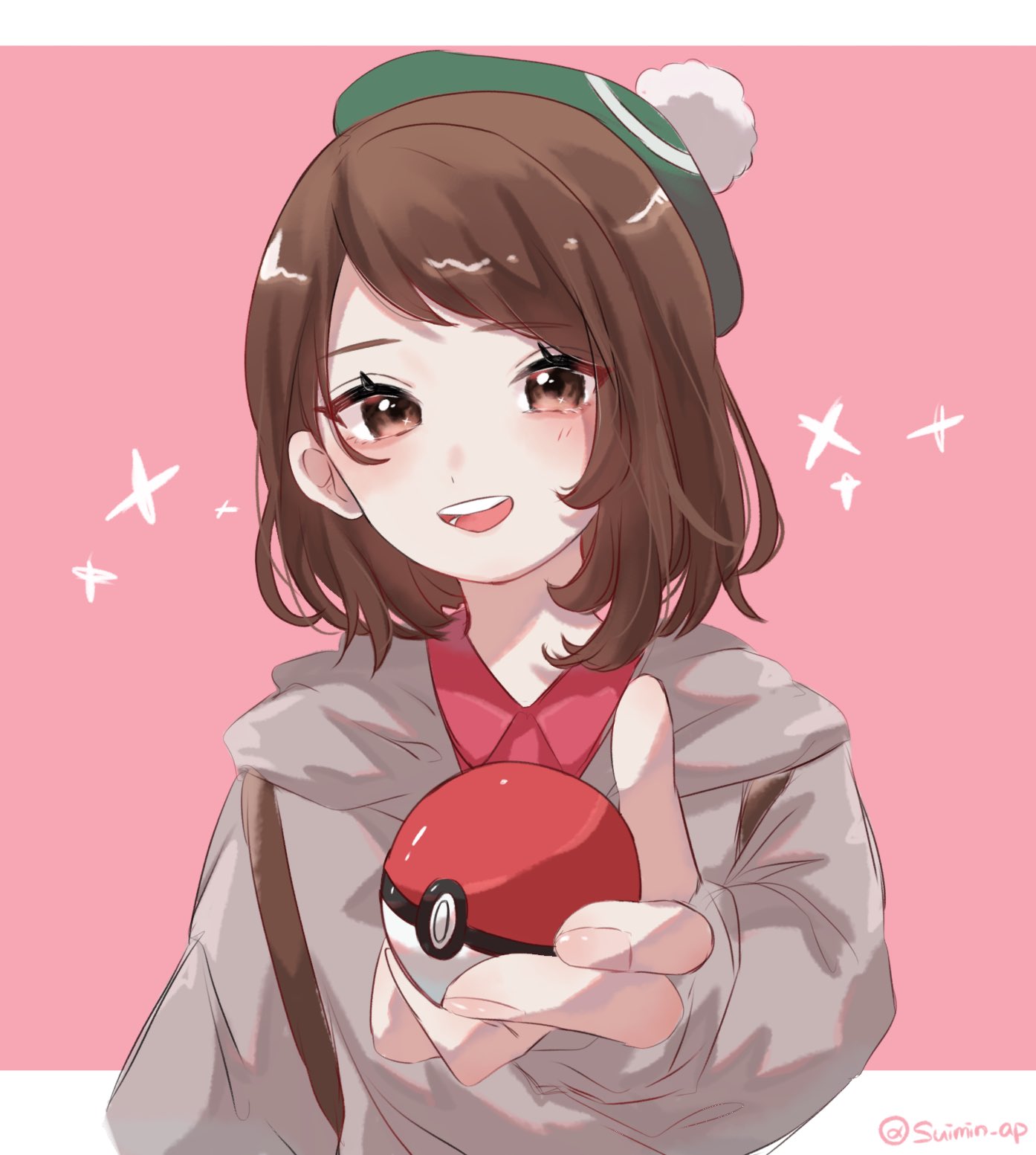 1girl artist_name border brown_eyes brown_hair commentary_request gloria_(pokemon) highres holding holding_poke_ball looking_at_viewer medium_hair open_mouth outside_border poke_ball poke_ball_(basic) pokemon pokemon_swsh red_background simple_background smile solo sparkle suimin_ap twitter_username upper_body white_border