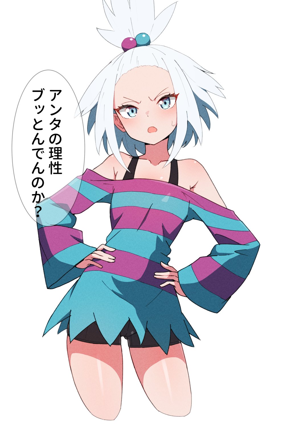 1girl bare_shoulders bike_shorts black_shorts blue_dress blue_eyes bra_strap collarbone dress flat_chest hair_bobbles hair_ornament hands_on_own_hips highres kamidan looking_at_viewer off_shoulder open_mouth pokemon pokemon_bw2 purple_dress roxie_(pokemon) shorts simple_background solo spiky_hair striped_clothes striped_dress sweatdrop topknot two-tone_dress white_background white_hair