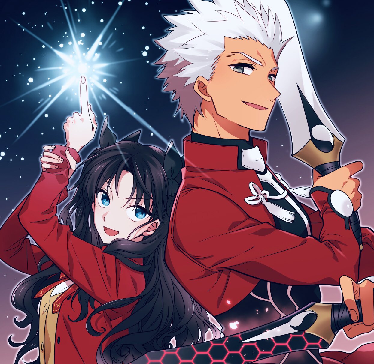1boy 1girl archer_(fate) back-to-back black_bow black_hair black_skirt blue_eyes bow bow_(weapon) bowtie caladbolg_(fate) coat commentary_request cropped_jacket fate/stay_night fate_(series) gradient_background grey_eyes hair_bow highres holding holding_bow_(weapon) holding_weapon jacket long_hair looking_at_viewer oekaki-daisuki-dessu open_mouth profile ran_(ran_0605) red_bow red_jacket skirt smile spiky_hair sword tohsaka_rin upper_body weapon white_hair