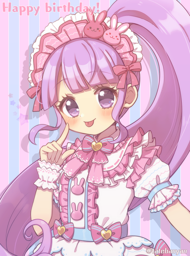 1girl :p blunt_bangs blush commentary_request dress finger_to_cheek frilled_dress frills hand_up happy_birthday index_finger_raised lolita_fashion long_hair looking_at_viewer manaka_non pretty_series pripara puffy_short_sleeves puffy_sleeves purple_hair short_sleeves side_ponytail sidelocks smile solo standing striped_background sweet_lolita tabana tongue tongue_out very_long_hair violet_eyes white_dress wrist_cuffs