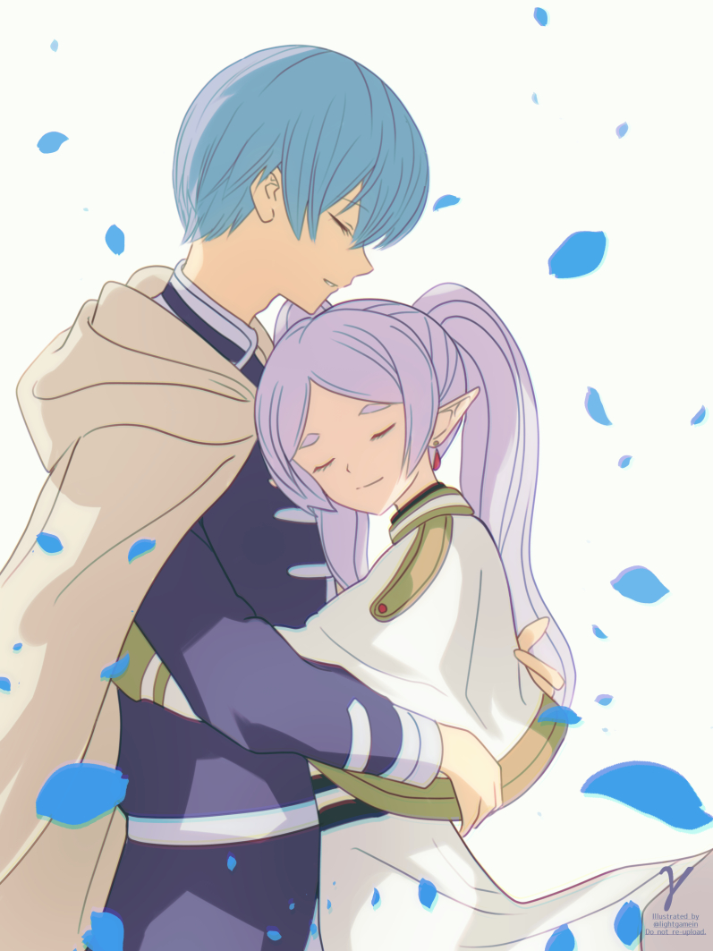 1boy 1girl blue_hair blue_tunic cloak closed_eyes closed_mouth commentary_request dress drop_earrings earrings elf falling_petals frieren head_rest himmel_(sousou_no_frieren) hug jewelry long_hair parted_bangs parted_lips petals pointy_ears short_hair simple_background sousou_no_frieren takasaka_light twintails twitter_username white_background white_cloak white_dress white_hair