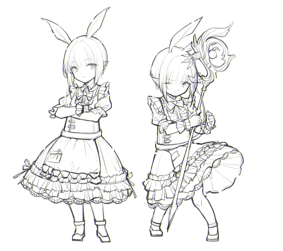 1girl animal_ears apron bai_qi-qsr blunt_bangs bow bowtie center_frills closed_mouth collared_shirt commentary crossed_arms dress dress_ribbon expressionless extra_ears final_fantasy final_fantasy_xiv frilled_apron frilled_sleeves frilled_wrist_cuffs frills full_body holding holding_staff knees lace-trimmed_dress lace_trim light_frown lineart looking_at_viewer maid multiple_views one_eye_closed pocket pointy_ears puffy_short_sleeves puffy_sleeves rabbit_ears shirt shoes short_hair_with_long_locks short_sleeves simple_background sleeveless sleeveless_dress staff waist_apron warrior_of_light_(ff14) white_background wrist_cuffs
