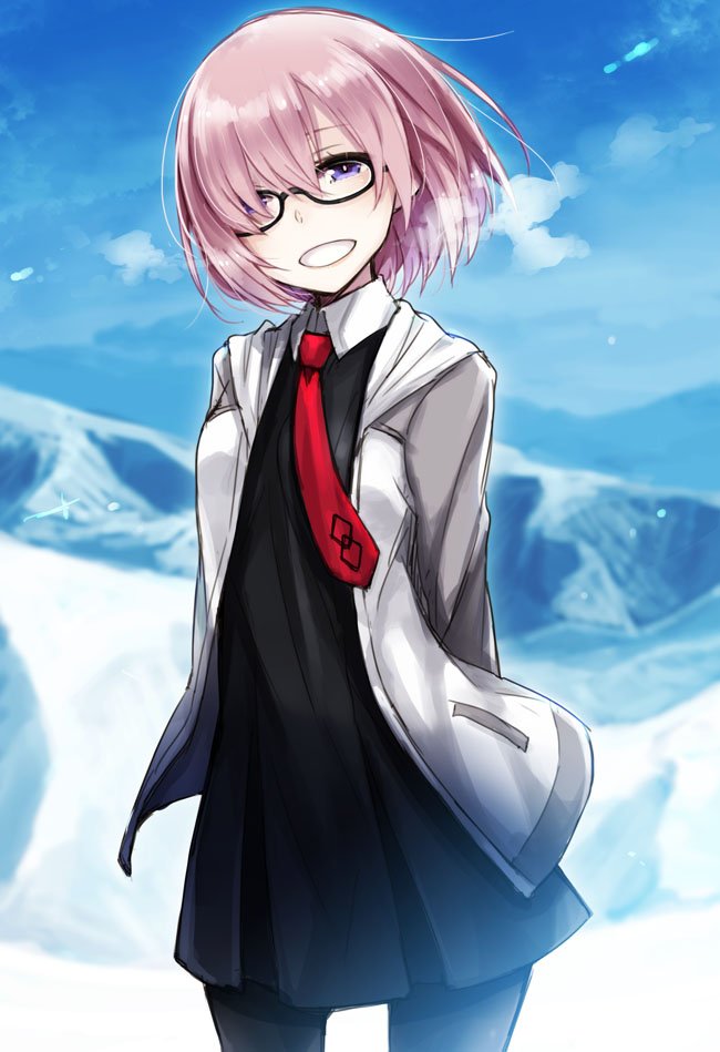 1girl arms_behind_back ayakura_juu black-framed_eyewear black_dress black_pantyhose blue_sky breath commentary_request dress fate/grand_order fate_(series) glasses jacket looking_at_viewer mash_kyrielight necktie open_clothes open_jacket outdoors pantyhose pink_hair red_necktie short_hair sky smile snow solo violet_eyes