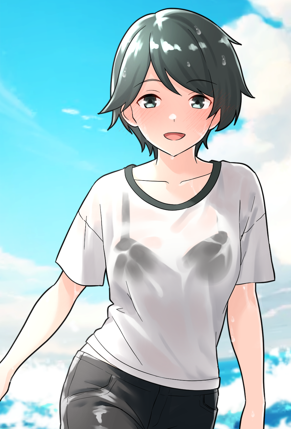 1girl black_hair blue_sky bra_visible_through_clothes clouds day furaggu_(frag_0416) grey_eyes highres indoors kantai_collection looking_at_viewer mogami_(kancolle) open_mouth see-through see-through_shirt shirt short_hair short_sleeves sky smile solo wet wet_clothes wet_shirt white_shirt