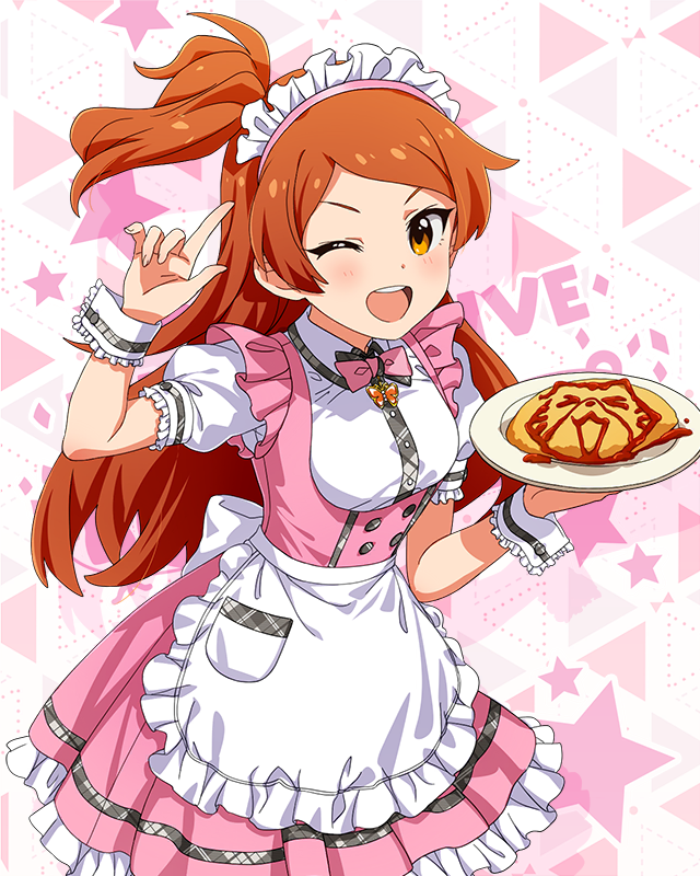 1girl :d apron blush bow bowtie butterfly_ornament cowboy_shot dot_nose dress eyelashes food food_art frilled_apron frilled_skirt frills high_side_ponytail holding holding_plate idolmaster idolmaster_million_live! idolmaster_million_live!_theater_days ketchup looking_at_viewer maid_headdress official_alternate_costume official_art ogami_tamaki omelet omurice one_eye_closed open_mouth orange_eyes orange_hair parted_bangs pink_bow pink_bowtie pink_dress plate pointing pointing_up pretty_waitress_(idolmaster) puffy_short_sleeves puffy_sleeves shirt short_sleeves sidelocks skirt smile solo standing starry_background straight_hair teeth thigh-highs upper_body v-shaped_eyebrows waist_apron waitress white_apron white_shirt white_thighhighs wrist_cuffs