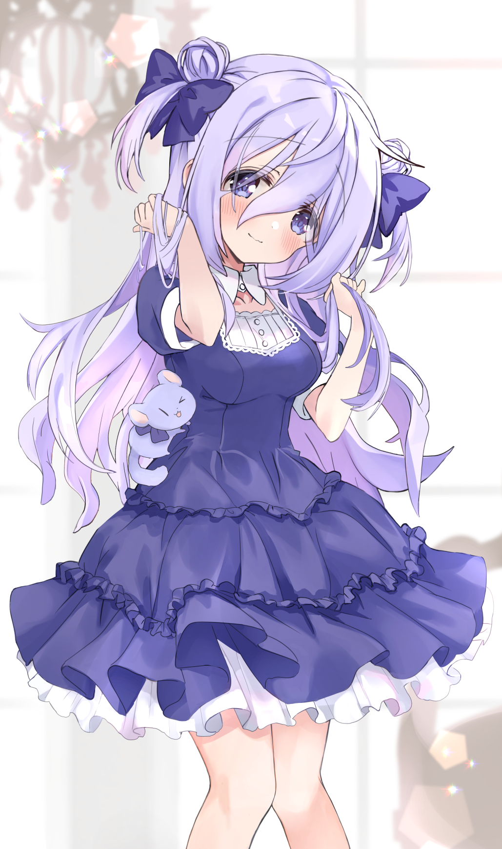 1girl amamiya_shizuku_(hizuki_yayoi) animal blue_bow blue_dress blue_eyes blurry blurry_background blush bow breasts chandelier chinchilla_(animal) closed_mouth collarbone commentary_request depth_of_field double_bun dress feet_out_of_frame hair_between_eyes hair_bow hair_bun hands_up head_tilt highres hizuki_yayoi indoors knees_together_feet_apart long_hair medium_breasts original puffy_short_sleeves puffy_sleeves purple_hair short_sleeves smile solo standing two_side_up very_long_hair window