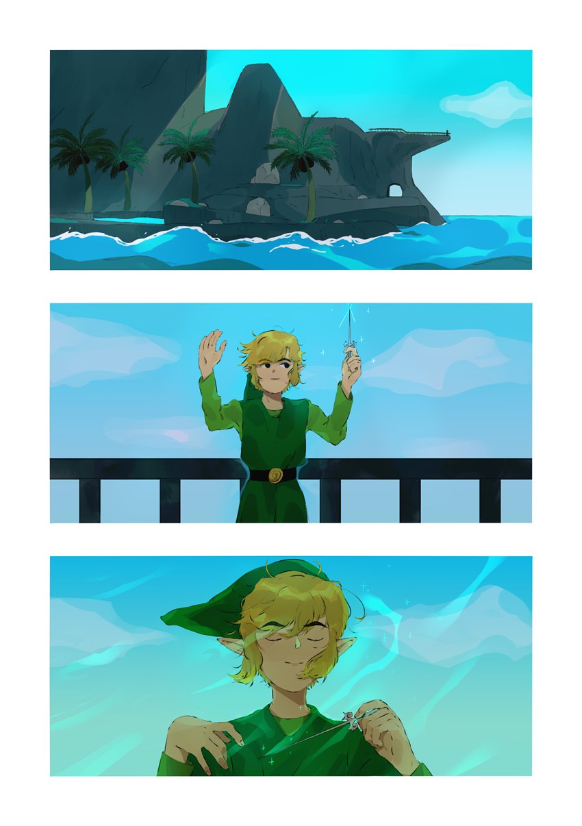 1boy belt black_belt black_eyes blonde_hair blue_sky closed_mouth clouds green_hat green_shirt green_tunic highres island link male_focus naruysae outdoors palm_tree pointy_ears rock shirt sky the_legend_of_zelda the_legend_of_zelda:_the_wind_waker tree wind_waker_(object)