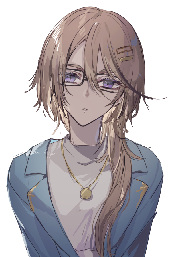 1girl blue_jacket brown_hair commentary_request glasses grey_shirt hair_between_eyes hair_over_shoulder jacket jewelry ko_(kochan_pr) long_hair looking_at_viewer necklace parted_lips shirt simple_background solo sumeragi_amane_(pretty_series) upper_body violet_eyes white_background