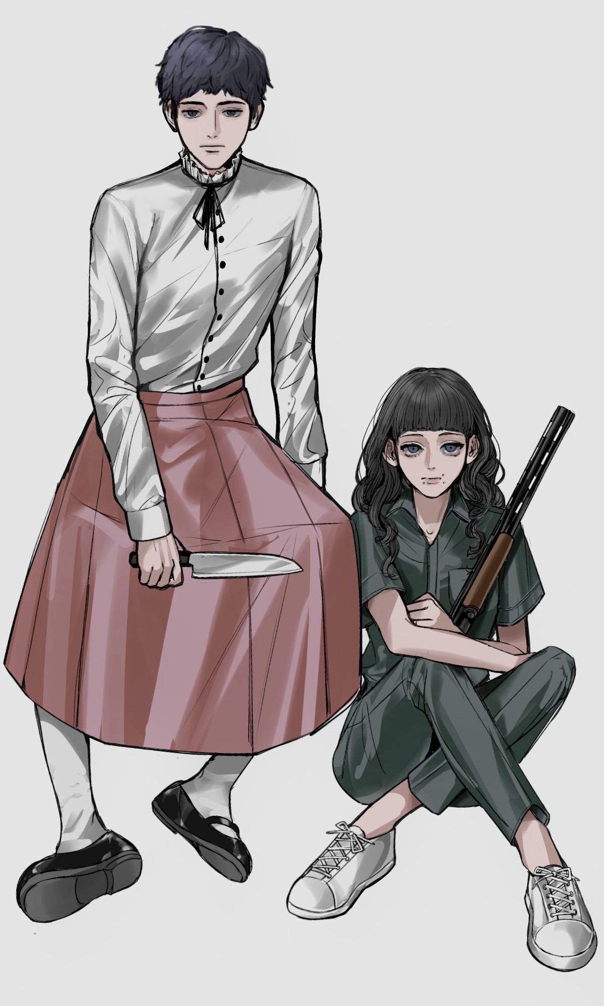 1boy 1girl amikoiiko black_footwear black_hair black_ribbon brown_hair cosplay costume_switch crossdressing crossed_legs fear_&amp;_hunger fear_&amp;_hunger_2:_termina frilled_shirt_collar frills green_jumpsuit gun highres holding holding_gun holding_knife holding_weapon jumpsuit knife levi_(fear_&amp;_hunger) long_hair long_sleeves marina_(fear_&amp;_hunger) mary_janes mouth_piercing pink_skirt ribbon rifle shoes simple_background sitting skirt socks weapon white_background white_footwear