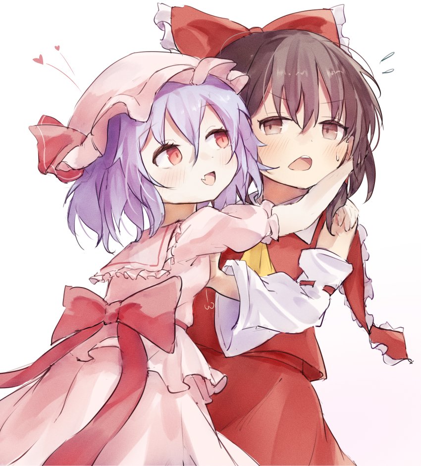 2girls ar_(maeus) ascot blue_hair blush bow brown_hair commentary_request detached_sleeves fang frilled_bow frills hair_bow hakurei_reimu hat hat_ribbon heart hug long_hair medium_hair mob_cap multiple_girls open_mouth pink_hat red_bow red_eyes red_skirt remilia_scarlet ribbon ribbon-trimmed_sleeves ribbon_trim skin_fang skirt skirt_set smile sweatdrop touhou waist_bow yellow_ascot yuri