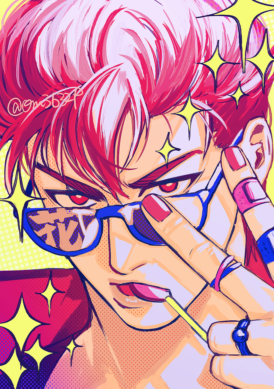 1boy bandaid bandaid_on_hand candy food food_in_mouth highres jewelry lollipop male_focus multiple_rings nail_polish om3632f open_mouth pink_nails redhead ring sakuragi_hanamichi short_hair slam_dunk_(series) solo star_(symbol) sunglasses twitter_username v
