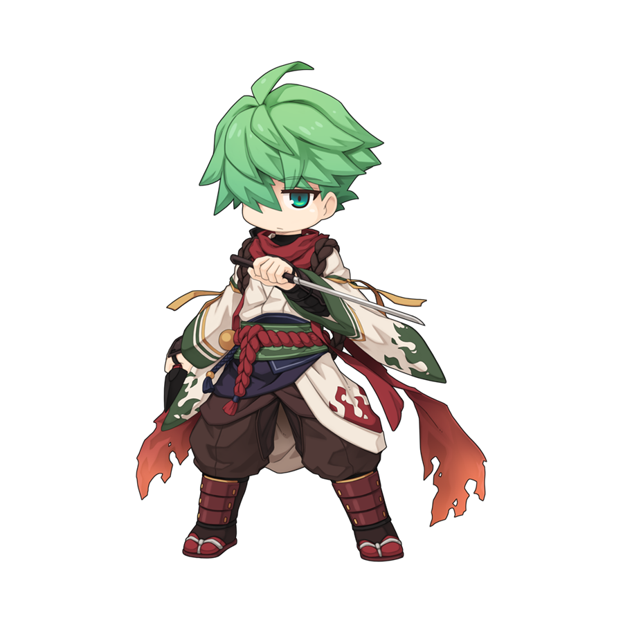 1boy ahoge armor brown_footwear brown_pants brown_socks chibi closed_mouth dagger expressionless full_body green_eyes green_hair hair_between_eyes hair_over_one_eye holding holding_dagger holding_knife holding_weapon japanese_armor knife kote long_bangs long_sleeves looking_at_viewer male_focus ninja official_art pants ragnarok_online red_scarf reverse_grip sandals scarf shin_guards shinkiro_(ragnarok_online) short_hair short_sword simple_background socks solo standing sword tabi tachi-e tantou tassel torn_clothes torn_scarf transparent_background weapon wide_sleeves yuichirou zouri