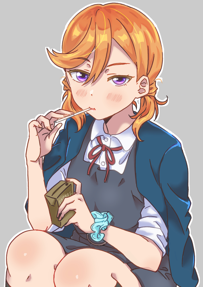 1girl alternate_hairstyle blue_jacket blush coffee collared_shirt commentary_request dress drink drinking_straw drinking_straw_in_mouth grey_background grey_dress hair_between_eyes holding holding_drink jacket jacket_on_shoulders juice_box looking_at_viewer love_live! love_live!_superstar!! momominoru neck_ribbon orange_hair pinafore_dress red_ribbon ribbon school_uniform scrunchie shibuya_kanon shirt sitting sleeveless sleeveless_dress solo twintails upper_body violet_eyes white_shirt winter_uniform wrist_scrunchie yuigaoka_school_uniform