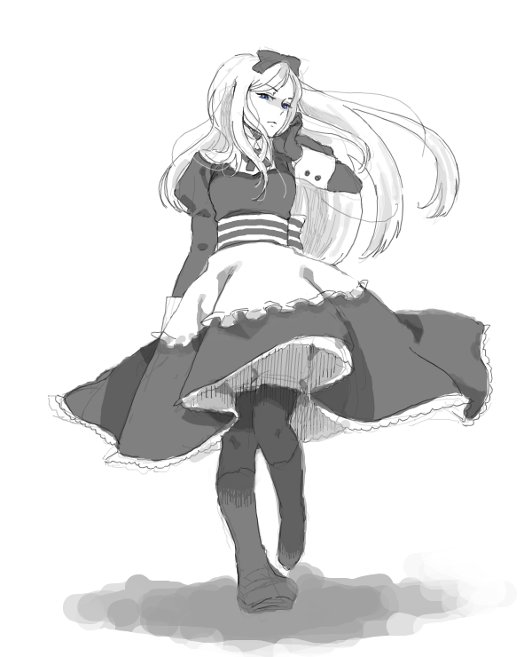 1girl apron bad_drawr_id bad_id blue_eyes boots bow breasts character_request closed_mouth copyright_request dress full_body gloves greyscale hair_bow hair_ribbon hand_on_own_face long_hair looking_at_viewer monochrome oekaki pantyhose pego_(peco_peco) ribbon shadow small_breasts solo spot_color standing