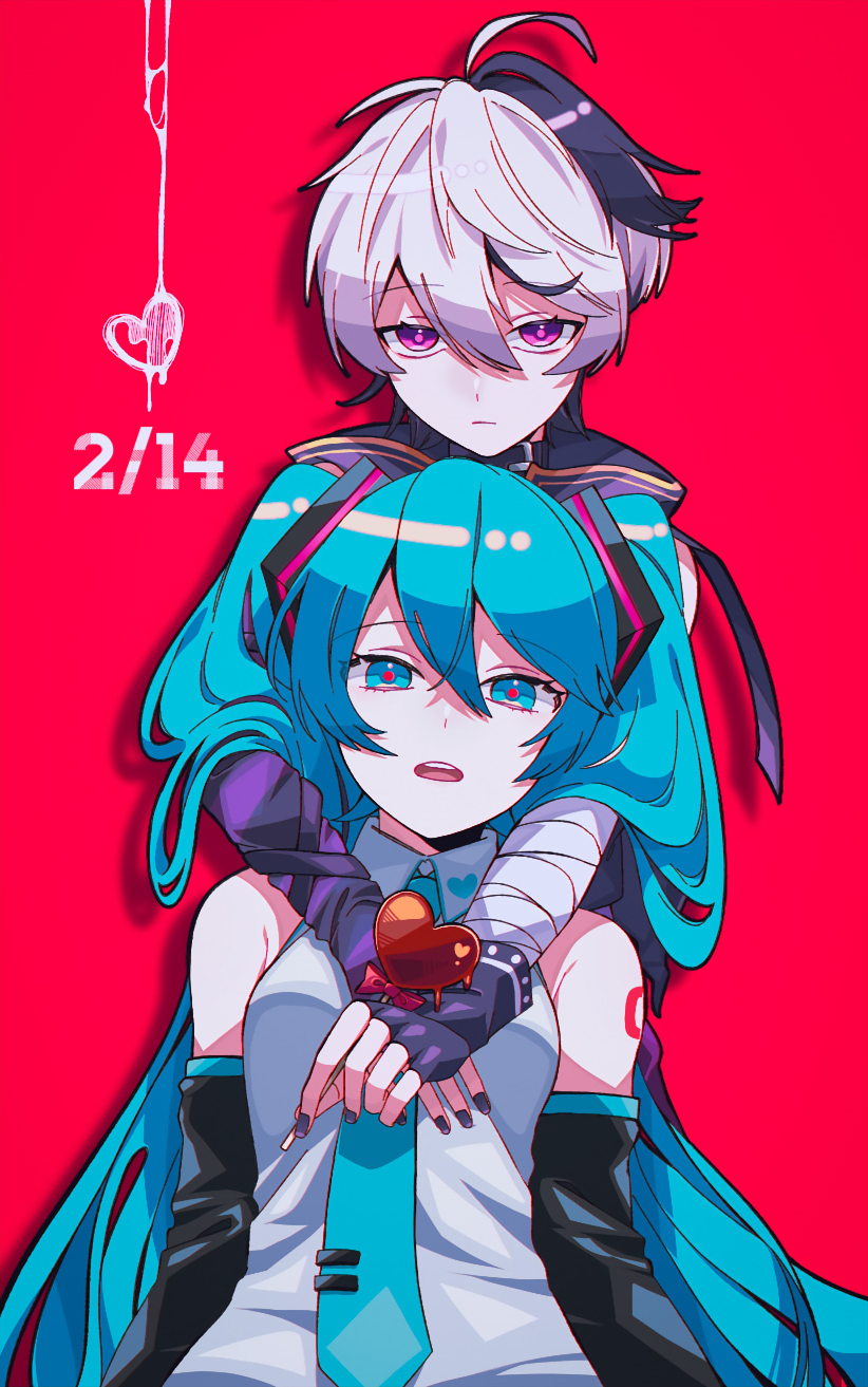 ahoge androgynous aqua_eyes aqua_hair aqua_necktie arm_tattoo arm_warmers bandaged_arm bandages bare_shoulders black_gloves black_sleeves candy closed_mouth dated detached_sleeves flower_(vocaloid) flower_(vocaloid4) food gloves grey_shirt hair_between_eyes hatsune_miku heart highres holding holding_candy holding_food holding_lollipop kazuse616 lollipop looking_at_viewer multicolored_hair necktie number_tattoo open_mouth purple_arm_warmers purple_hair purple_nails red_background shirt simple_background single_arm_warmer streaked_hair tattoo teeth twintails upper_teeth_only violet_eyes vocaloid white_hair yuri