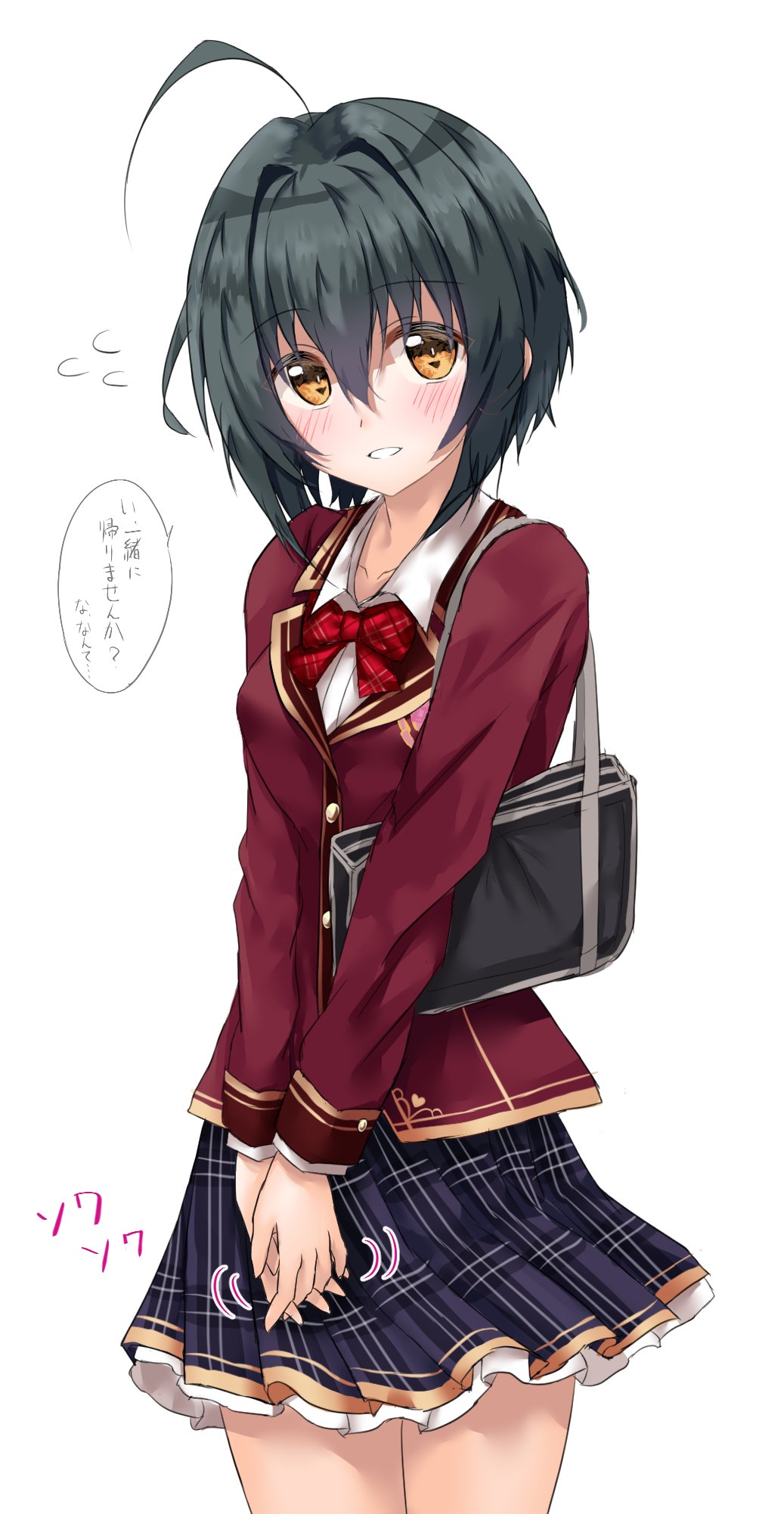 1girl ahoge ashinagi_(bijutu1) black_hair blazer blush bow bowtie breasts commentary_request flying_sweatdrops highres idolmaster idolmaster_cinderella_girls jacket kohinata_miho long_sleeves looking_at_viewer medium_breasts own_hands_together red_bow red_bowtie red_jacket school_uniform short_hair simple_background solo speech_bubble translation_request white_background