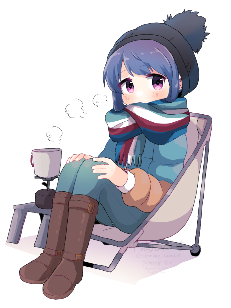 1girl black_hat blue_hair blush boots brown_footwear green_pants long_hair long_sleeves looking_at_viewer multicolored_clothes multicolored_scarf nakajima_lupus pants scarf shima_rin simple_background sitting solo violet_eyes white_background yurucamp