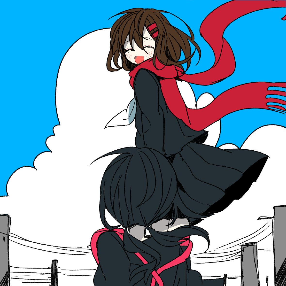 2girls ^_^ asahina_hiyori black_serafuku black_shirt black_skirt brown_hair closed_eyes closed_mouth clouds cloudy_sky commentary_request day dress facing_away facing_viewer flat_color floating_scarf fringe_trim from_behind from_side hair_between_eyes hair_ornament hairclip kagerou_project kneehighs korean_commentary long_hair long_sleeves low_twintails multiple_girls neckerchief nyakuru_(kanachiaki) open_mouth outdoors pinafore_dress pink_dress pleated_skirt red_scarf scarf school_uniform serafuku shirt skirt sky sleeveless sleeveless_dress smile socks tateyama_ayano twintails upper_body utility_pole white_neckerchief wind winter_uniform
