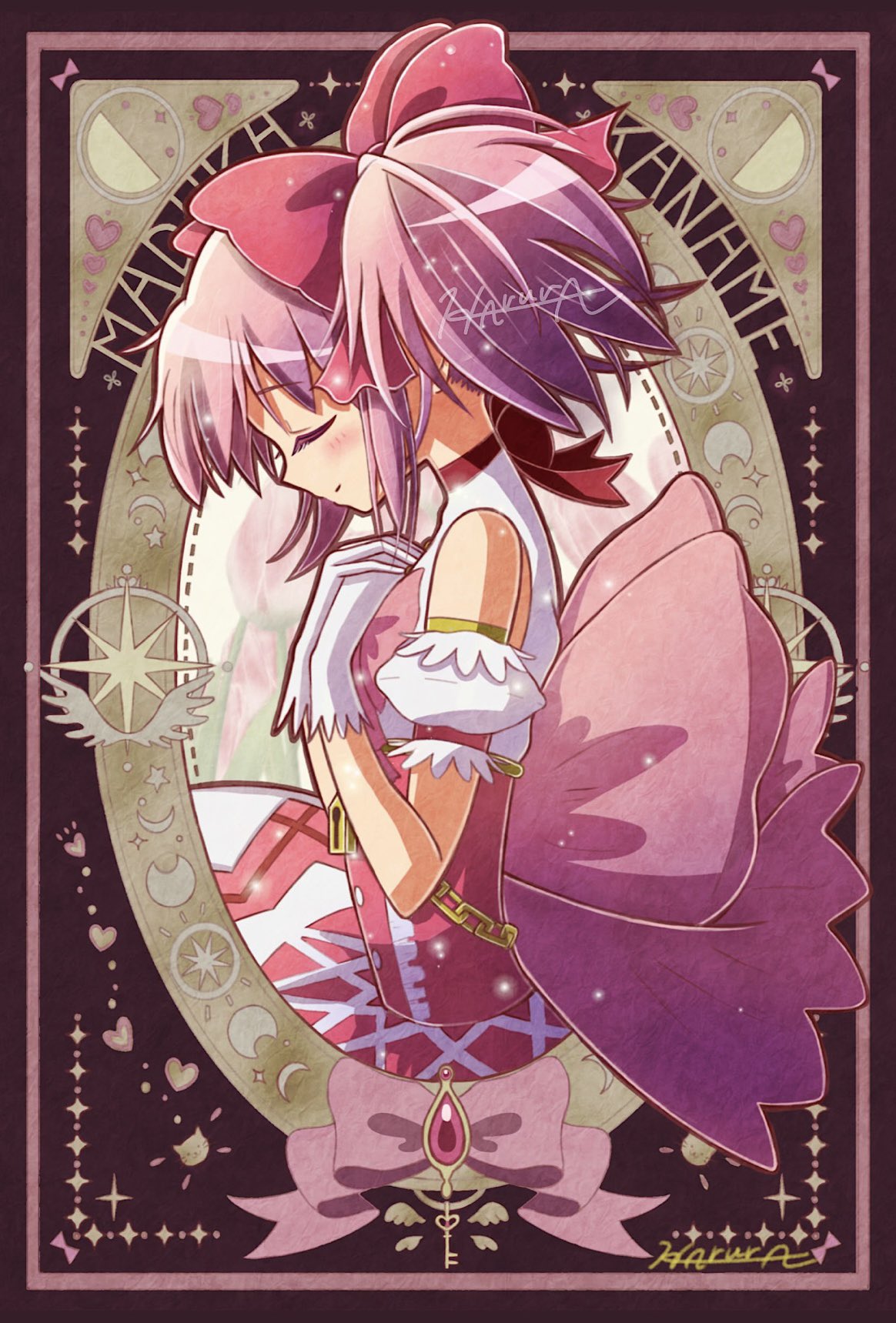 1girl bow character_name choker closed_eyes dress from_side gloves hair_bow highres kaname_madoka light_smile magical_girl mahou_shoujo_madoka_magica mahou_shoujo_madoka_magica_(anime) own_hands_together pink_bow pink_dress pink_hair profile red_choker signature solo soul_gem twintails two-tone_dress white_dress white_gloves yae_harura