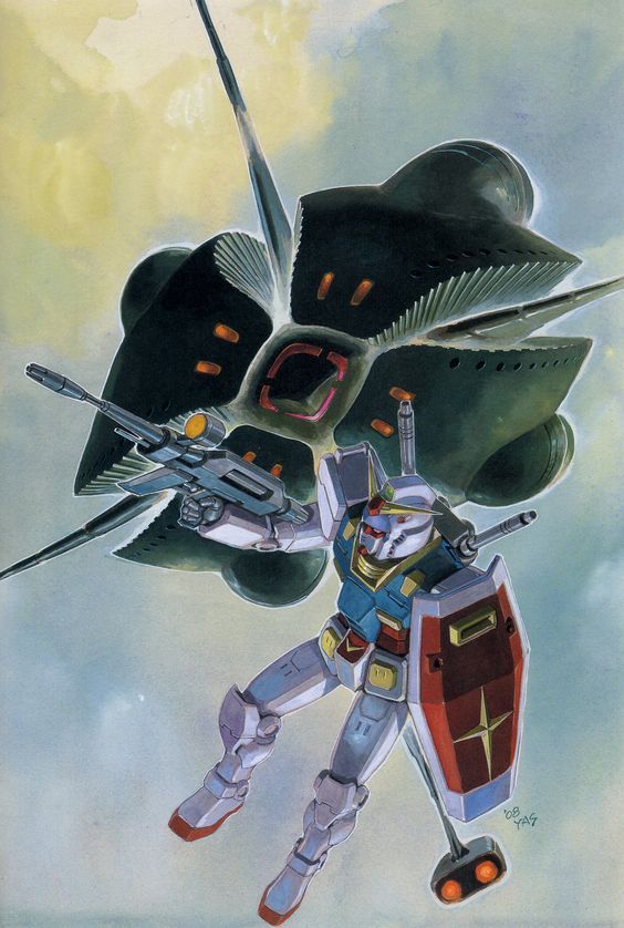 1980s_(style) 2008 battle beam_rifle character_request clouds concept_art dated energy_gun flying gundam mecha mobile_armor mobile_suit mobile_suit_gundam no_humans official_art painting_(medium) promotional_art retro_artstyle robot rx-78-2 scan science_fiction shield signature spacecraft traditional_media v-fin weapon yasuhiko_yoshikazu
