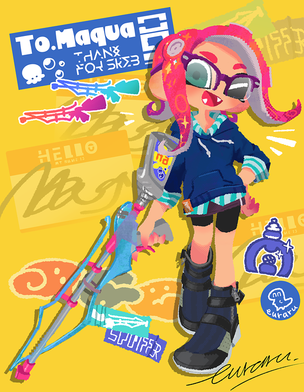 1girl bike_shorts blue_eyes blue_hoodie commission euraru fangs glasses gun hand_on_own_hip holding holding_gun holding_weapon hood hoodie octoling_girl octoling_player_character one_eye_closed open_mouth redhead shoes signature skeb_commission solo splatoon_(series) squiffer_(splatoon) tentacle_hair weapon