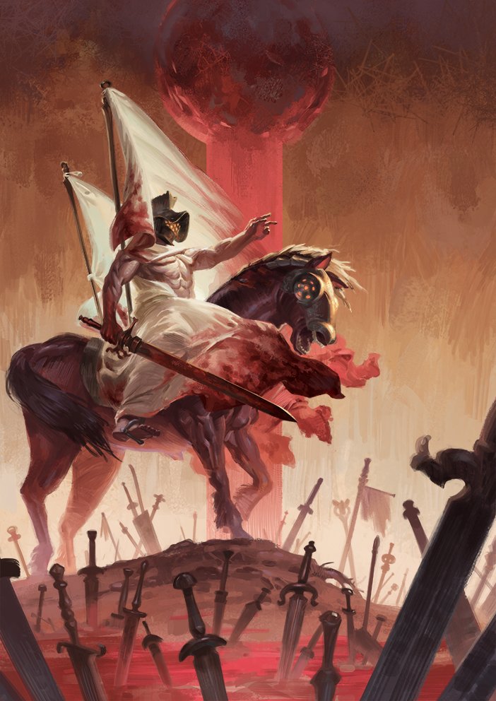 1boy armor armored_animal banner battle_standard blood blood_on_clothes blood_on_weapon christian_mythology delarave field_of_blades flag full_moon greatsword helm helmet holding holding_weapon horseback_riding moon outstretched_arm pool_of_blood red_horse red_moon riding sword torn_flag war_(book_of_revelation) war_banner weapon white_flag