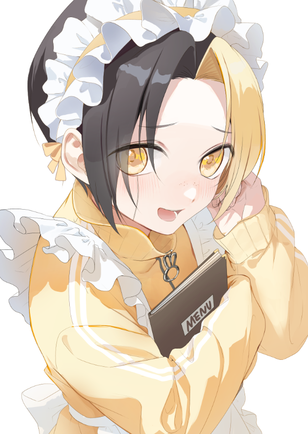 1boy apron black_hair finn_ames girly_boy long_sleeves looking_at_viewer maid maid_apron maid_headdress mashle menu multicolored_hair open_mouth rorol7865 solo split-color_hair upper_body white_background yellow_eyes