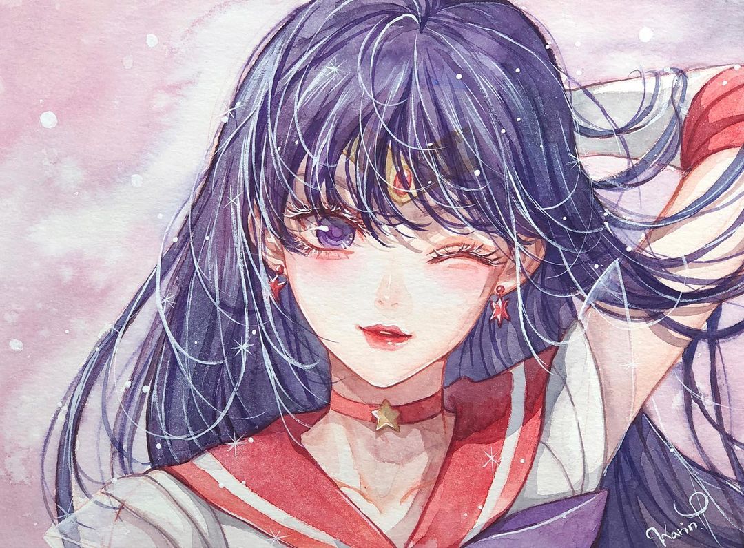 1girl ;) arm_up bishoujo_senshi_sailor_moon bow choker circlet close-up commentary_request earrings elbow_gloves eyelashes gloves hair_between_eyes hino_rei jewelry karin_park long_hair magical_girl one_eye_closed painting_(medium) purple_bow purple_hair red_choker red_sailor_collar sailor_collar sailor_mars sailor_senshi_uniform signature smile solo sparkle star_(symbol) star_earrings traditional_media violet_eyes watercolor_(medium) white_gloves
