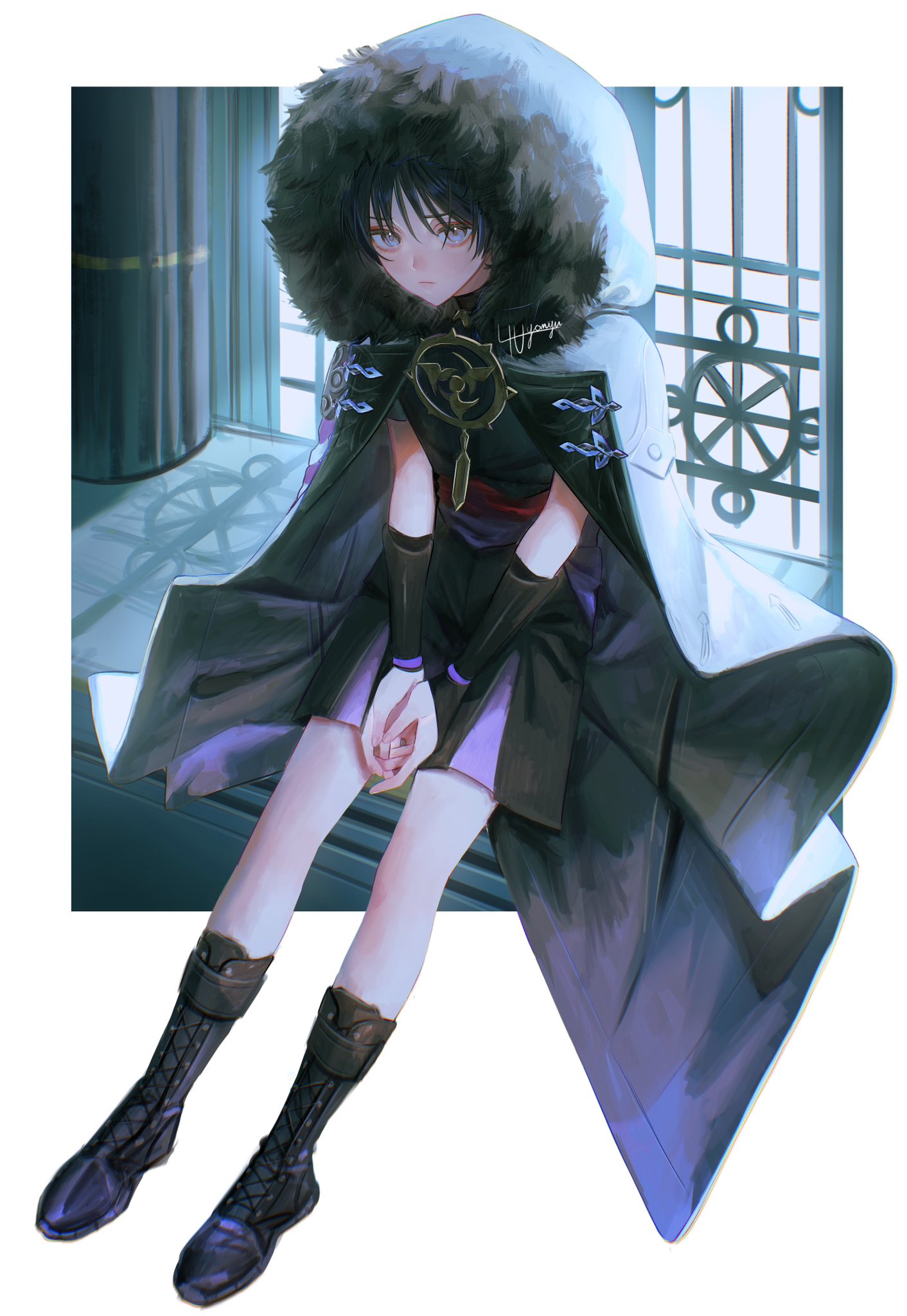 1boy 4the2ofus armor black_footwear black_hair blue_eyes boots closed_mouth coat commentary_request fur-trimmed_coat fur_trim genshin_impact hair_between_eyes highres hood hood_up hooded_coat indoors japanese_armor japanese_clothes knee_boots kote kurokote looking_at_viewer male_focus own_hands_together scaramouche_(genshin_impact) signature sitting solo window
