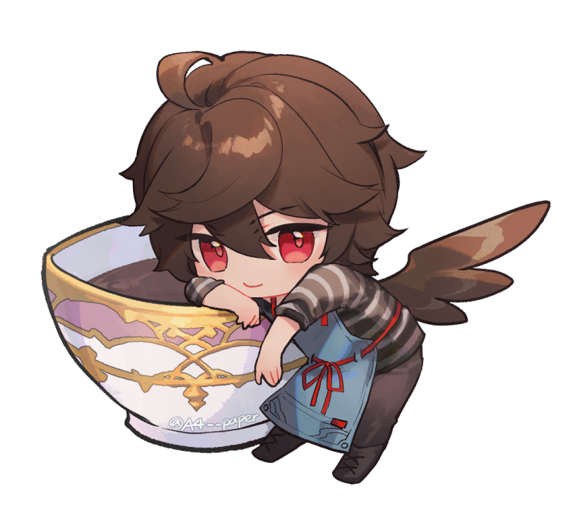 1boy ahoge apron brown_hair brown_wings chibi chibi_only coffee_cup commentary_request cup disposable_cup endend_(shinia) english_commentary feathered_wings granblue_fantasy hair_between_eyes horizontal-striped_clothes leaning_on_object light_smile looking_at_viewer male_focus messy_hair mini_person miniboy mixed-language_commentary red_eyes sandalphon_(granblue_fantasy) sandalphon_(server_of_a_sublime_brew)_(granblue_fantasy) shirt short_hair smile solo_focus striped_clothes striped_shirt teacup twitter_username wings
