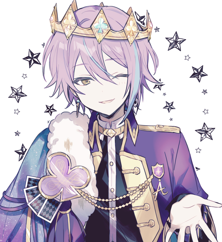 1boy aqua_hair aristocratic_clothes badge black_shirt buttons club_(shape) coat collar_chain_(jewelry) collared_coat collared_shirt crown diamond_(shape) double-parted_bangs earrings hair_between_eyes jewelry kamishiro_rui lapels long_sleeves looking_at_viewer male_focus mismatched_earrings multicolored_hair open_clothes open_coat open_mouth project_sekai purple_hair sayo_sy3 shirt short_hair shoulder_boards simple_background smile solo star_(symbol) streaked_hair two-tone_hair upper_body white_background yellow_eyes yellow_trim