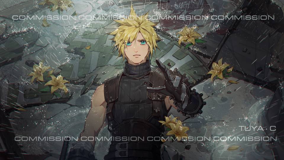 1boy aqua_eyes armor bandaged_arm bandages blonde_hair cloud_strife commission crow0cc final_fantasy final_fantasy_vii final_fantasy_vii_remake flower gloves hair_between_eyes lily_(flower) lying male_focus on_back outstretched_hand parted_lips rain short_hair shoulder_armor single_bare_shoulder single_shoulder_pad sleeveless sleeveless_turtleneck solo spiky_hair suspenders turtleneck upper_body yellow_flower