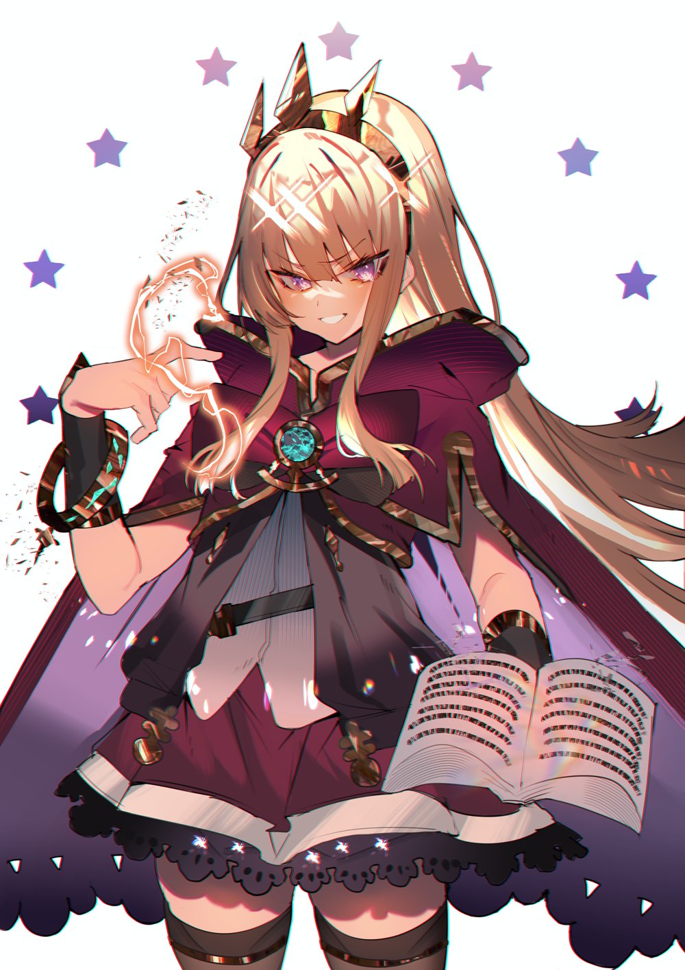 1girl blonde_hair blunt_bangs book bracelet bracer brooch cagliostro_(granblue_fantasy) cape cowboy_shot granblue_fantasy grin hairband hand_up highres jewelry looking_at_viewer open_book red_cape red_skirt sidelocks skirt smile solo soukou_makura spiked_hairband spikes star_(symbol) starry_background thigh-highs tiara violet_eyes zettai_ryouiki