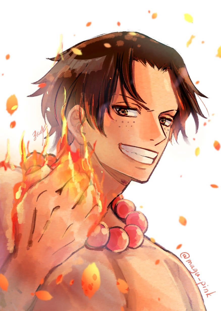 1boy black_hair commentary fire freckles highres jewelry looking_at_viewer magu_pink male_focus necklace one_piece pearl_necklace portgas_d._ace short_hair smile solo topless_male twitter_username upper_body