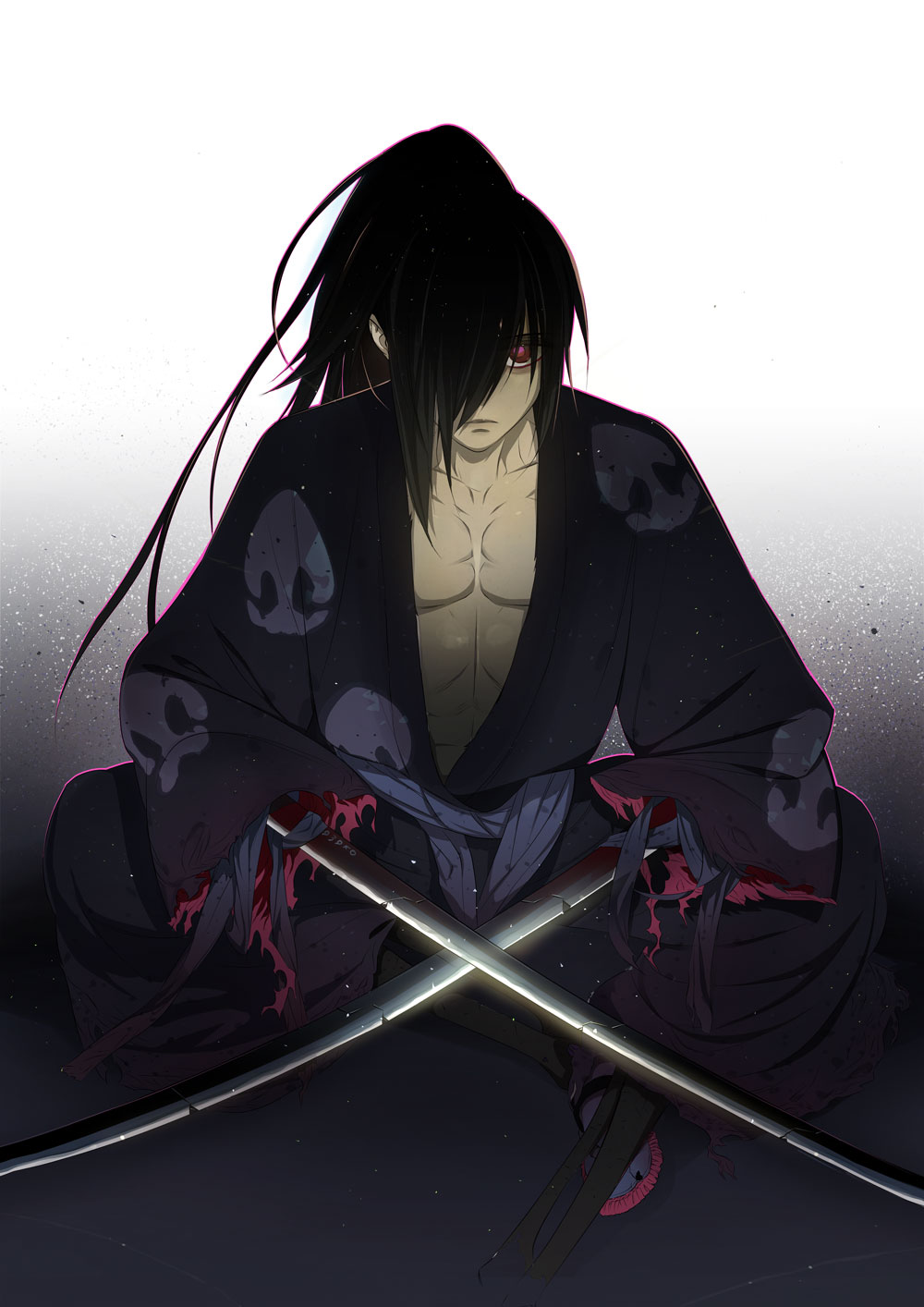 1boy amputee black_hair black_kimono commentary_request crossed_swords dororo_(tezuka) expressionless guest_art hair_over_one_eye highres hyakkimaru_(dororo) japanese_clothes katana kimono long_hair looking_at_viewer male_focus okama ponytail prosthesis prosthetic_weapon red_eyes sitting solo sword weapon