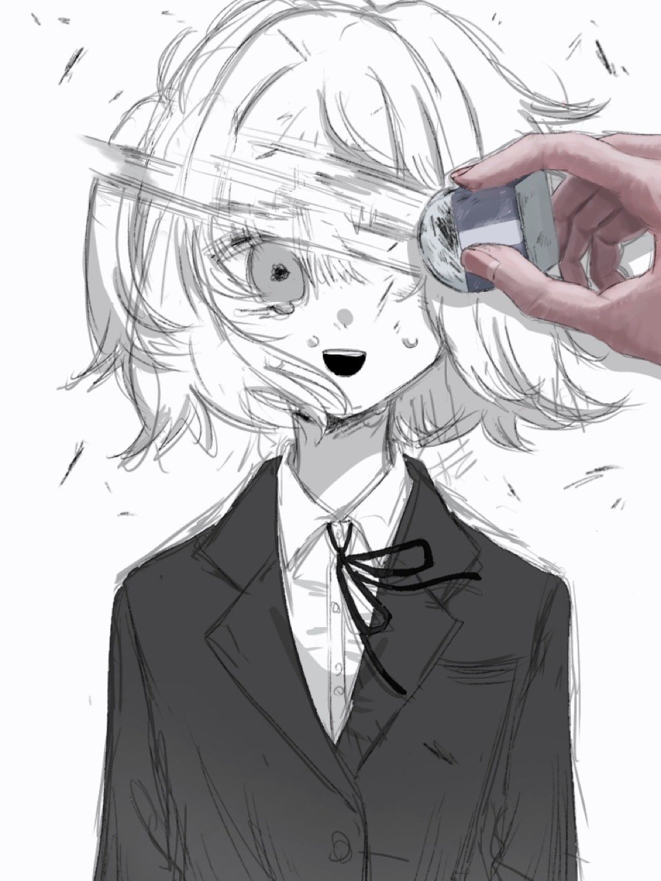 1girl 1other ambiguous_gender bad_id bad_twitter_id blazer collared_shirt crying crying_with_eyes_open dress_shirt eraser eraser_dust erasing floating_hair highres inactive_account jacket lapels neck_ribbon nemui_(nr4jk) open_mouth original out_of_frame partially_colored ribbon sad_smile shirt short_hair simple_background tears upper_body white_background