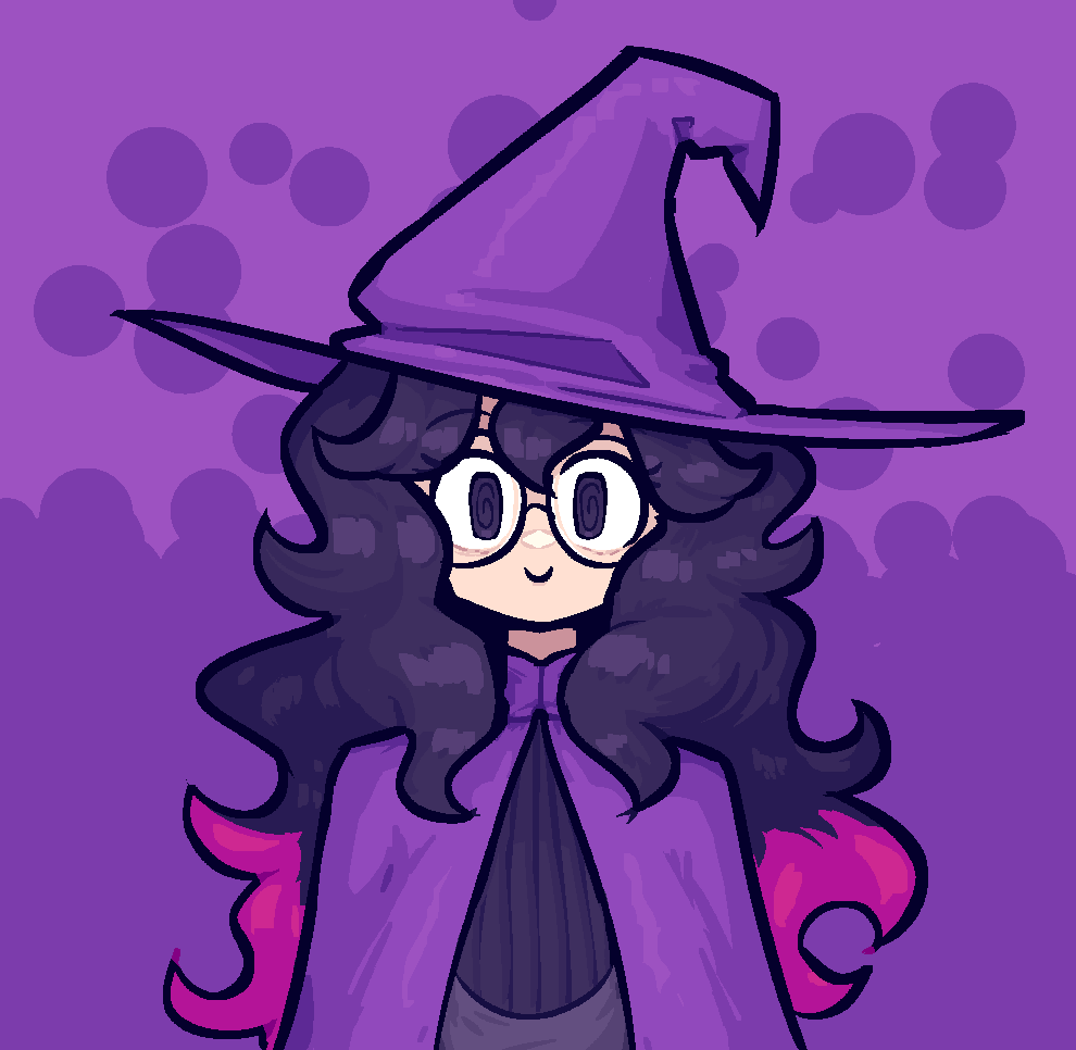 1girl @_@ black_hair cape commentary cosplay english_commentary glasses hair_between_eyes hat hex_maniac_(pokemon) hex_maniac_(pokemon_rse) hex_maniac_(pokemon_rse)_(cosplay) long_hair multicolored_hair pink_hair pokemon pokemon_xy purpienamako purple_background purple_cape purple_hat round_eyewear smile solo two-tone_background two-tone_hair violet_eyes witch_hat