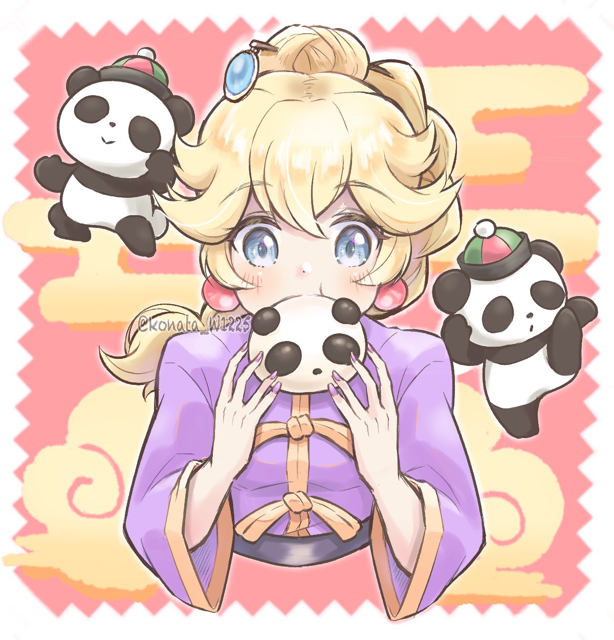 1girl artist_name blonde_hair blue_eyes braid braided_ponytail changpao chinese_clothes earrings hair_ornament hairpin high_ponytail highres jewelry konata_w1225 kung_fu_peach long_hair looking_at_viewer official_alternate_costume official_alternate_hairstyle panda princess_peach princess_peach:_showtime! purple_nails purple_shirt shirt solo sphere_earrings super_mario_bros. upper_body watermark