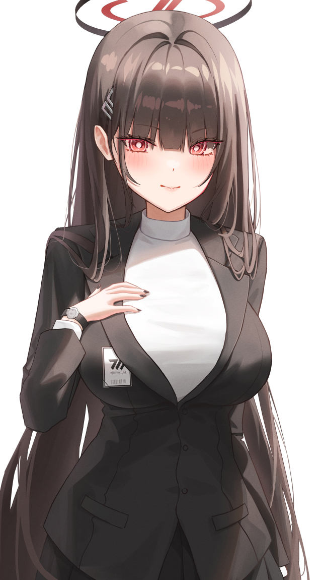 1girl black_hair black_jacket black_nails black_skirt blue_archive hair_between_eyes hair_intakes hair_ornament hairclip halo hand_on_own_chest jacket melt_(melt_out1) name_tag red_eyes rio_(blue_archive) skirt watch watch
