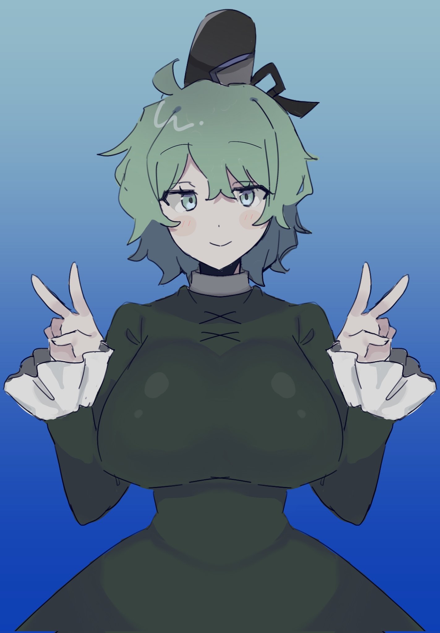 1girl black_hat blue_background breasts closed_mouth cross-laced_clothes double_v dress gradient_background green_dress green_eyes green_hair hat highres huge_breasts long_sleeves ornbd short_hair smile soga_no_tojiko solo tate_eboshi touhou v