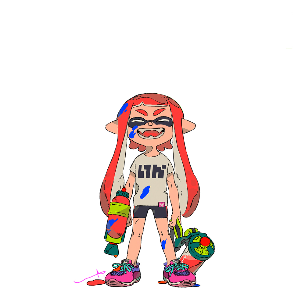 1girl :d ^_^ arms_at_sides bike_shorts black_shorts blunt_bangs closed_eyes cross-laced_footwear facing_viewer fangs full_body happy holding holding_weapon ink_tank_(splatoon) inkling inkling_girl inkling_player_character lip_(lih8) long_hair open_mouth paint_splatter paint_splatter_on_face pink_footwear pointy_ears print_shirt redhead shirt shoes short_sleeves shorts signature smile sneakers solo splatoon_(series) splatoon_1 splattershot_(splatoon) tentacle_hair twintails weapon white_background white_shirt