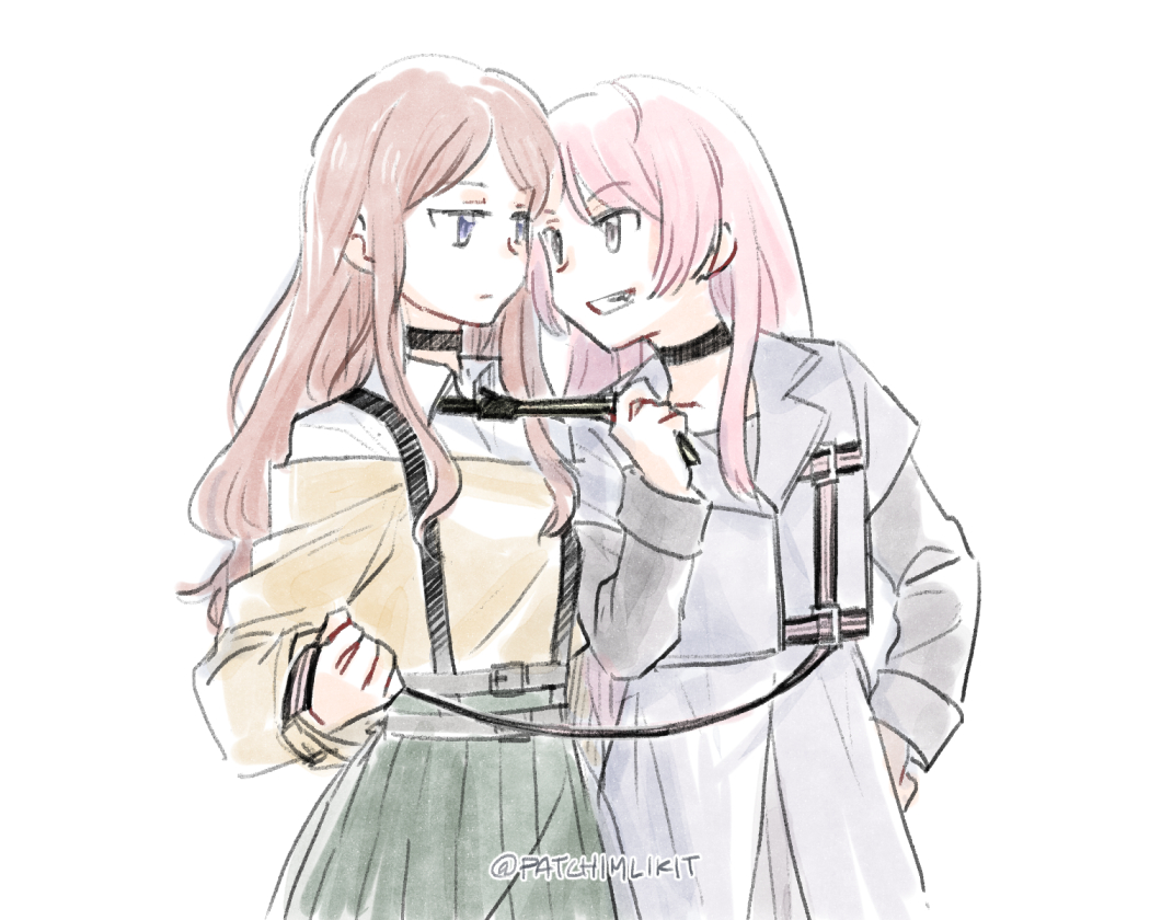 2girls bang_dream! bang_dream!_it's_mygo!!!!! black_choker black_necktie brown_hair chest_harness chihaya_anon choker closed_mouth coat collared_shirt commentary commission english_commentary expressionless fang green_skirt grey_coat grey_eyes harness holding holding_leash leash long_hair long_sleeves looking_at_another mukiki multiple_girls nagasaki_soyo necktie necktie_grab neckwear_grab off-shoulder_sweater off_shoulder open_mouth pink_hair shirt simple_background skirt smile sweater twitter_username white_background white_shirt yellow_sweater yuri