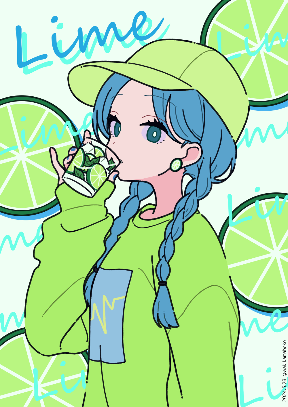 1girl baseball_cap blue_eyes blue_hair breasts commentary cup dated drinking_glass food fruit green_hat green_shirt grey_background hand_up hat highres holding holding_cup lime_(fruit) lime_slice long_hair long_sleeves looking_at_viewer low_twintails neki_(wakiko) original parted_bangs puffy_long_sleeves puffy_sleeves shirt simple_background sleeves_past_wrists small_breasts solo twintails twitter_username upper_body