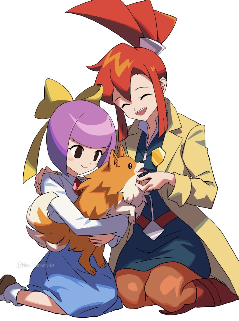 2girls ^_^ blue_dress bow closed_eyes coat commentary_request dog dress ghost_trick hair_bow kamila_(ghost_trick) lynne_(ghost_trick) mechnmechn medium_hair missile_(ghost_trick) multiple_girls open_mouth orange_fur pencil_dress pomeranian_(dog) redhead simple_background sitting smile tail tongue tongue_out white_background yellow_bow yellow_coat